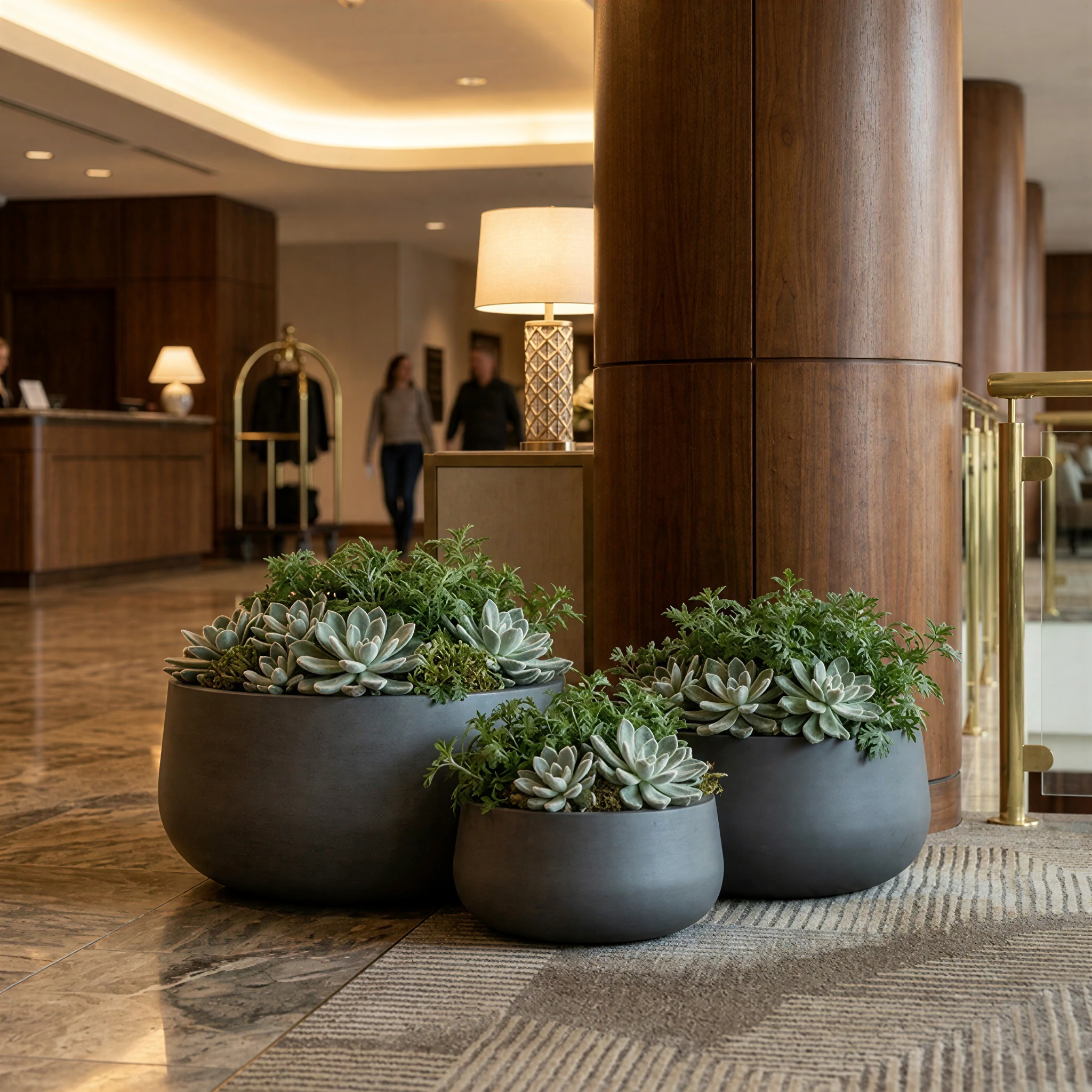 RC-1003 round GFRC bowl planters arranged with low planting in a hotel lobby